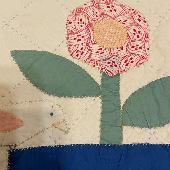 Antique Quilt! Flower Pots And Birds Estate Find! Vintage Handmade Quilt 87”X67” - Picture 7 of 11